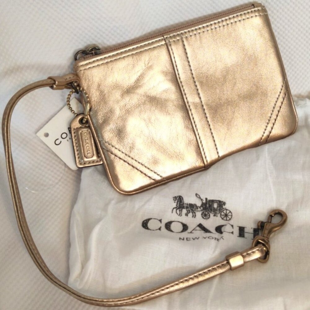 Coach Metallic Leather Hampton Wristlet in Gold/Brass, NWT